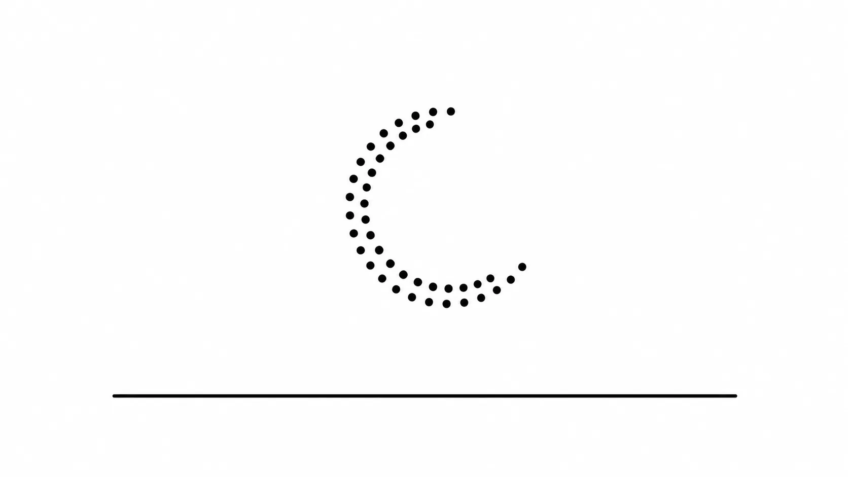 A crescent moon made of thirty small dots above a horizon line