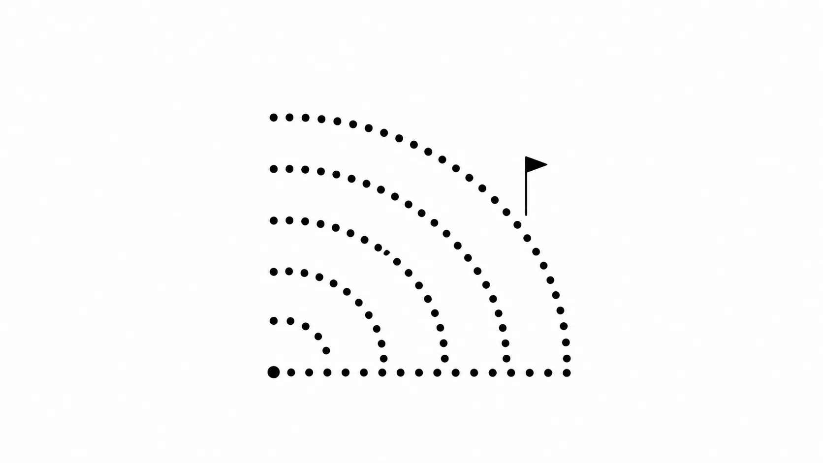 A quarter-circle fan of dots with a small flag at the end of the arc