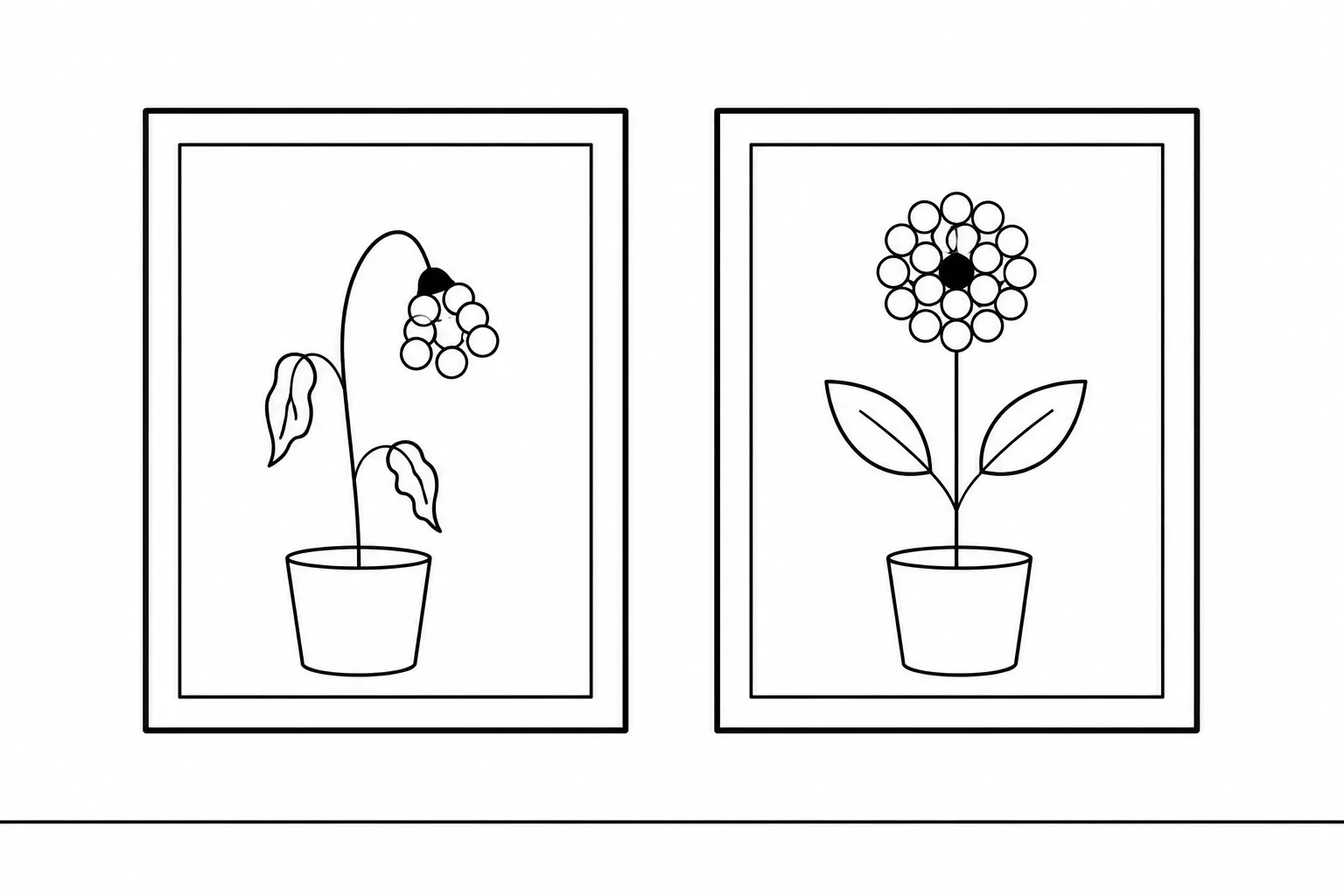 Two framed flowers: one wilted, one alive, made of week circles