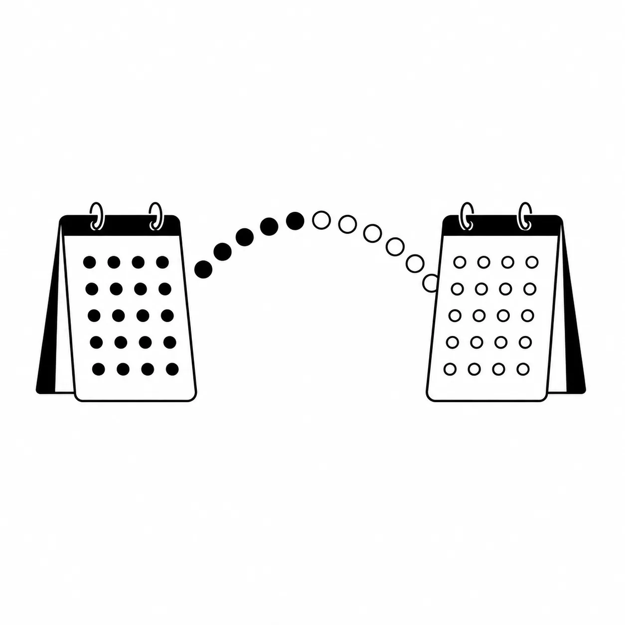 Two calendar pages connected by a bridge of dots