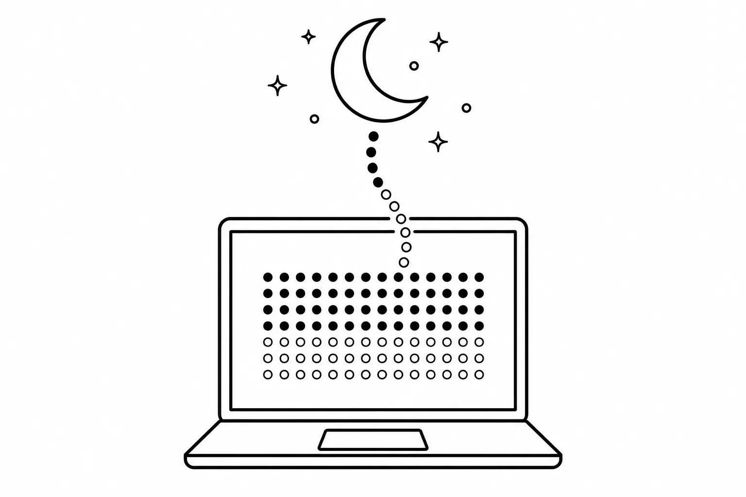 A laptop at night receiving dots from a crescent moon