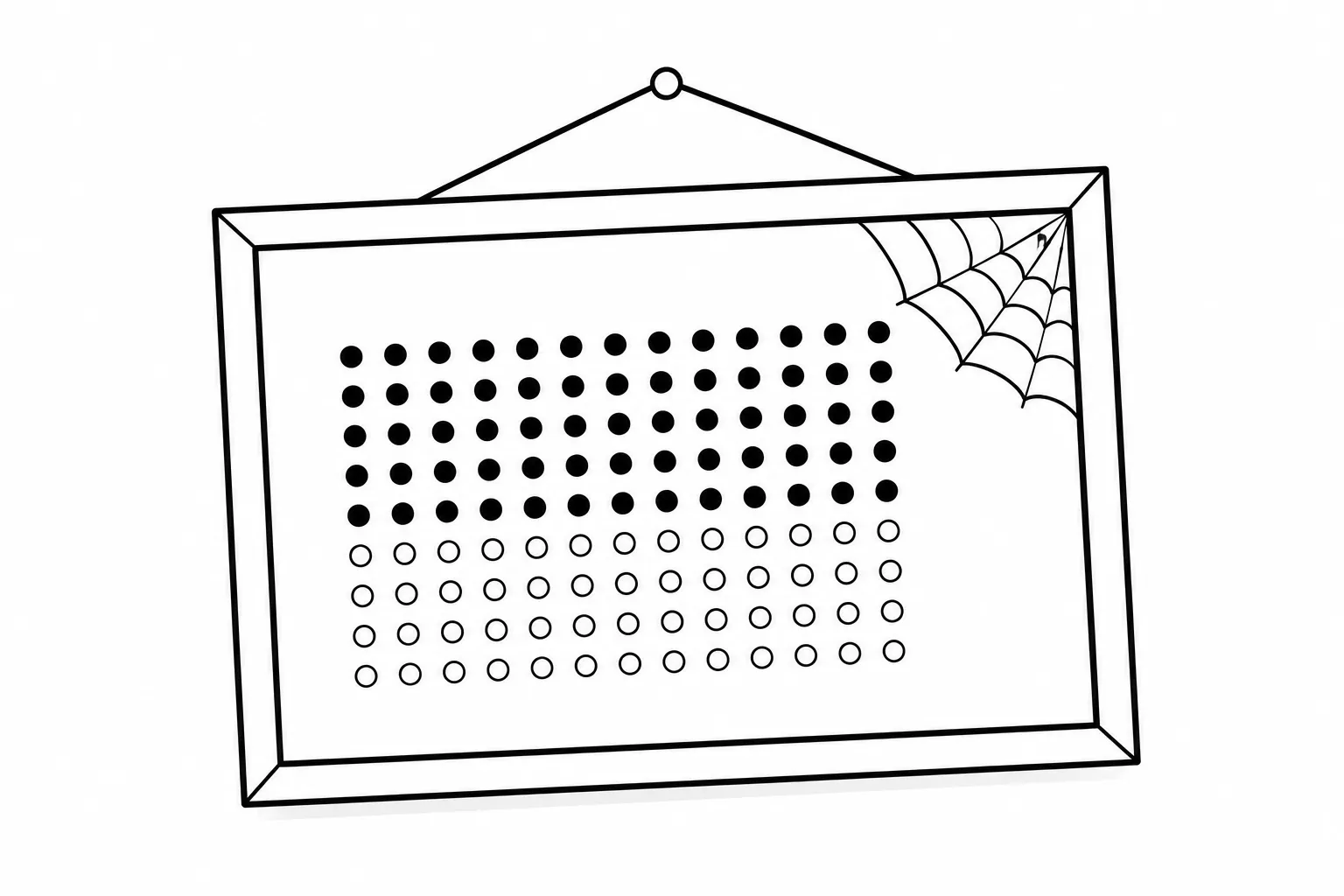 A framed dot-grid picture hanging crooked with a cobweb