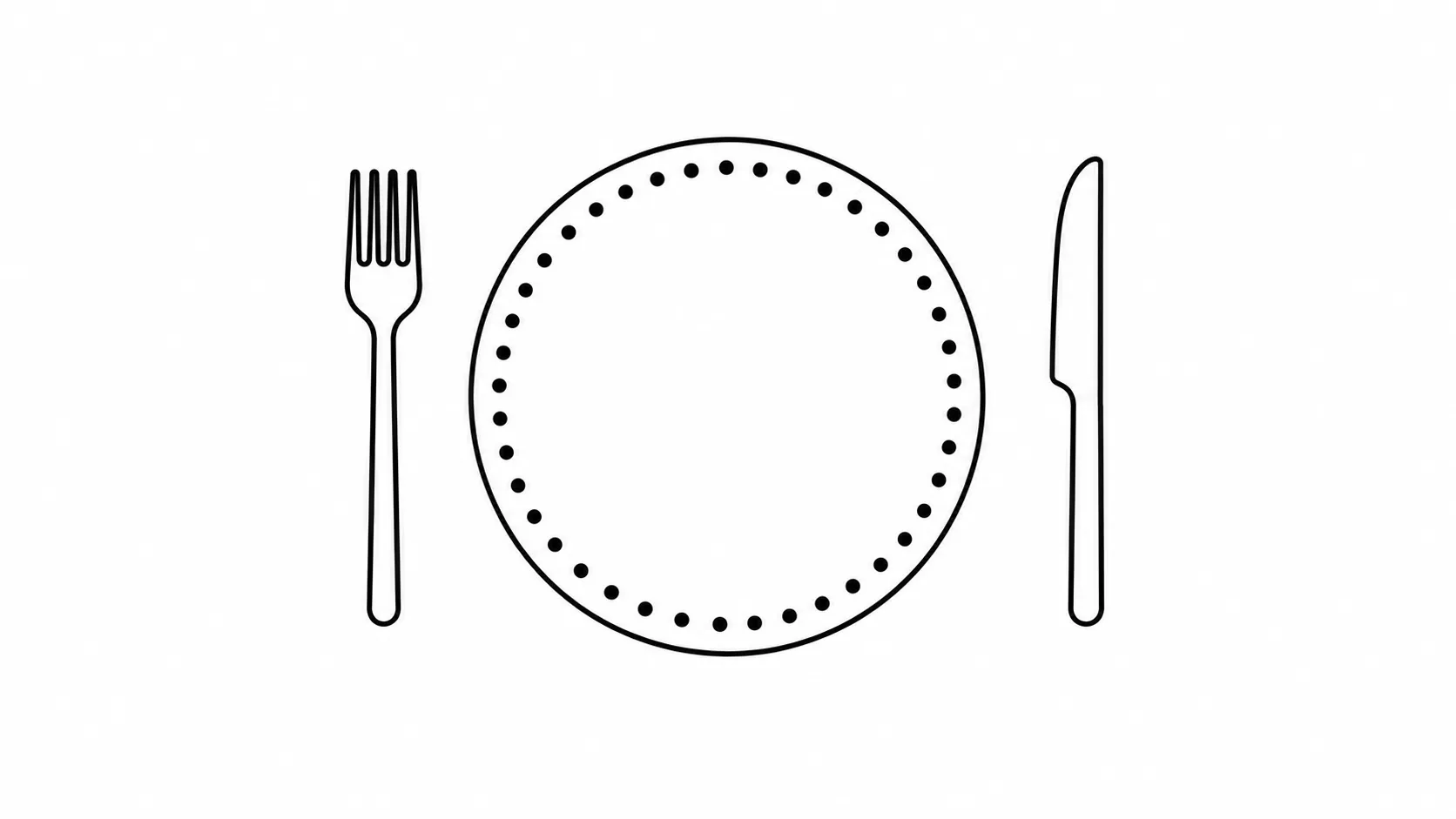 A dinner plate rimmed with dots, fork and knife alongside