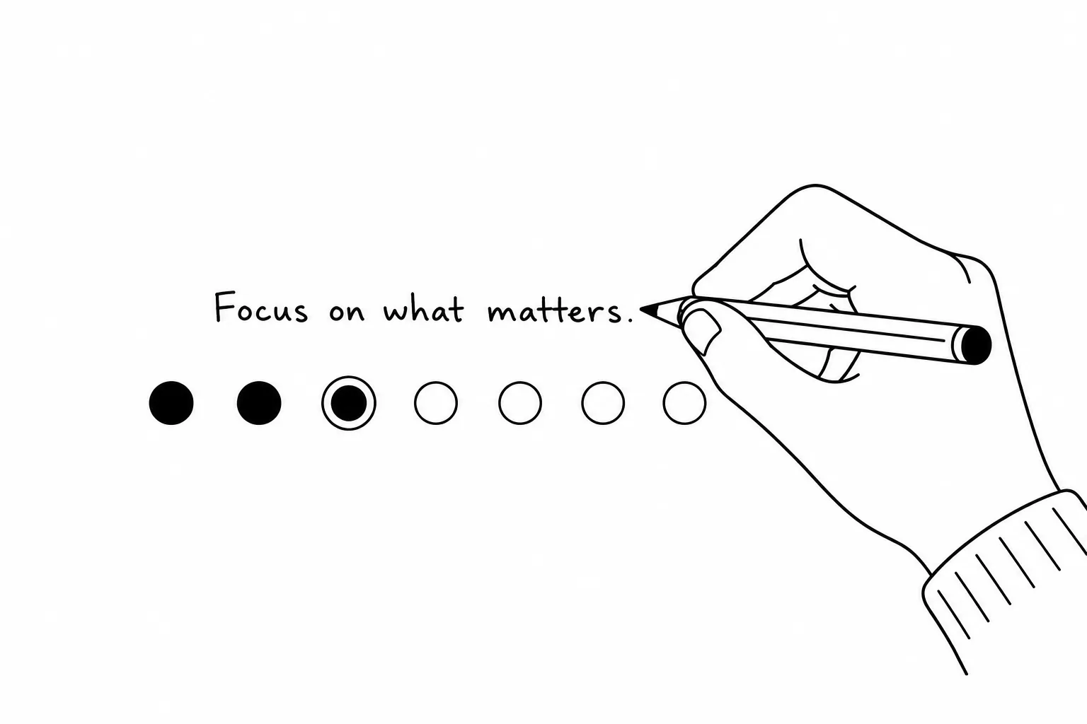 A hand writing a weekly intention above seven week dots
