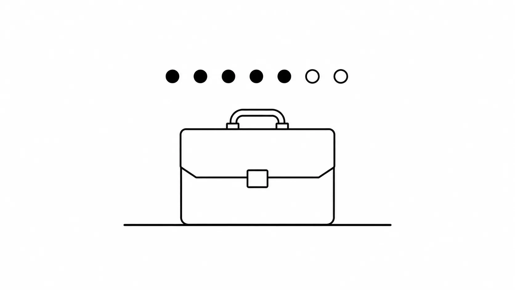 A briefcase under a week of seven dots, five solid and two hollow